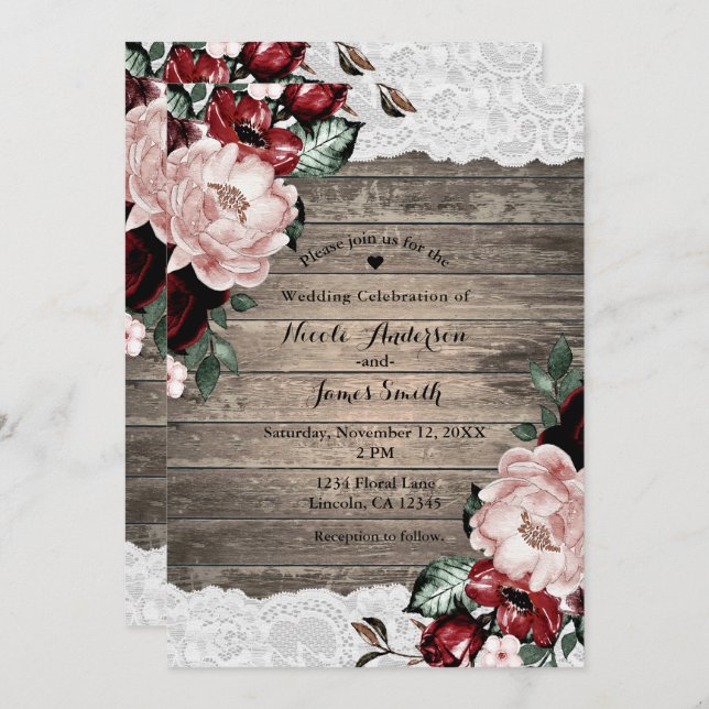 Glam Floral Rustic Wood Lace Barn Country Wedding Invitation (Front/Back)