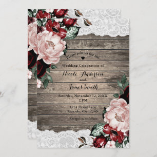 Glam Floral Rustic Wood Lace Barn Country Wedding Invitation