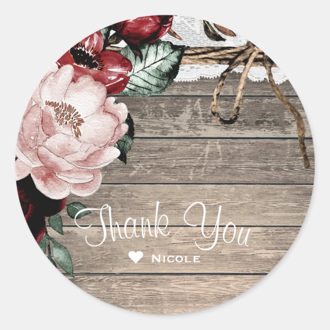 Glam Floral Rustic Wood & Lace Barn Wedding Classic Round Sticker (Front)