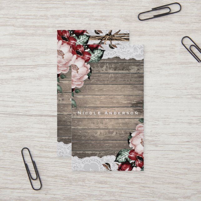 Glam Floral Rustic Wood & Lace Elegant Country Business Card (Front/Back In Situ)