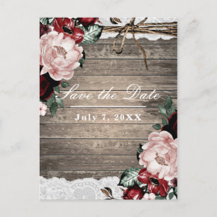 Glam Floral Rustic Wood & Lace Save the Date Announcement Postcard