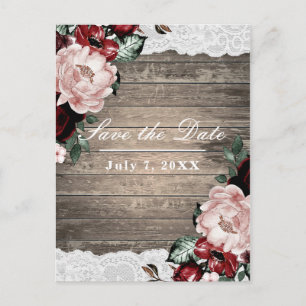 Glam Floral Rustic Wood & Lace Save the Date Announcement Postcard