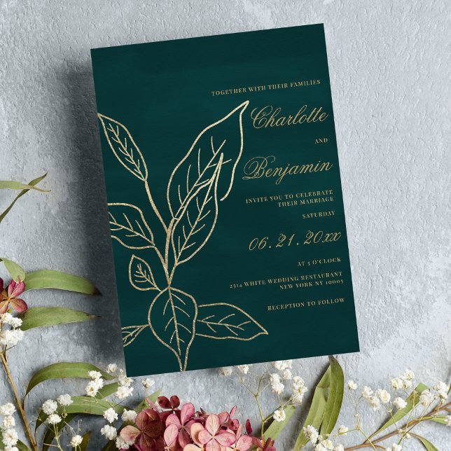 Glam forest green gold glitter floral leaf wedding invitation (Glam forest green gold glitter floral leaf wedding)