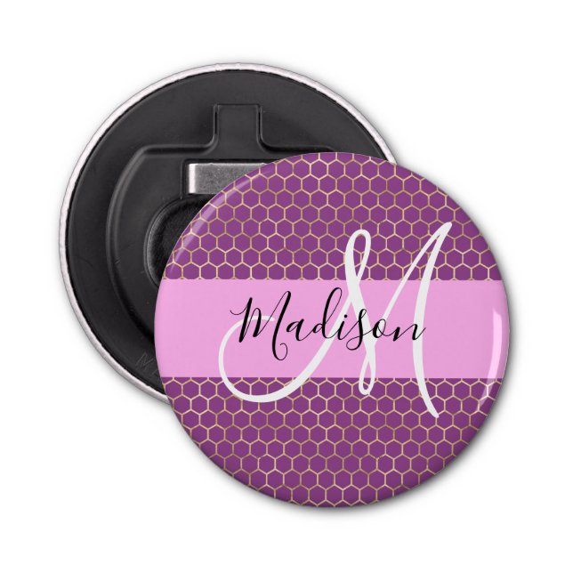 Glam Fuchsia Metallic Pink Honeycomb Monogram Name Bottle Opener (Front)
