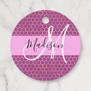 Glam Fuchsia Metallic Pink Honeycomb Monogram Name Favour Tags