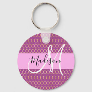 Glam Fuchsia Metallic Pink Honeycomb Monogram Name Key Ring