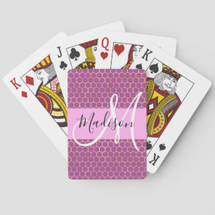 Glam Fuchsia Metallic Pink Honeycomb Monogram Name Playing Cards
