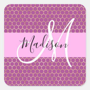 Glam Fuchsia Metallic Pink Honeycomb Monogram Name Square Sticker