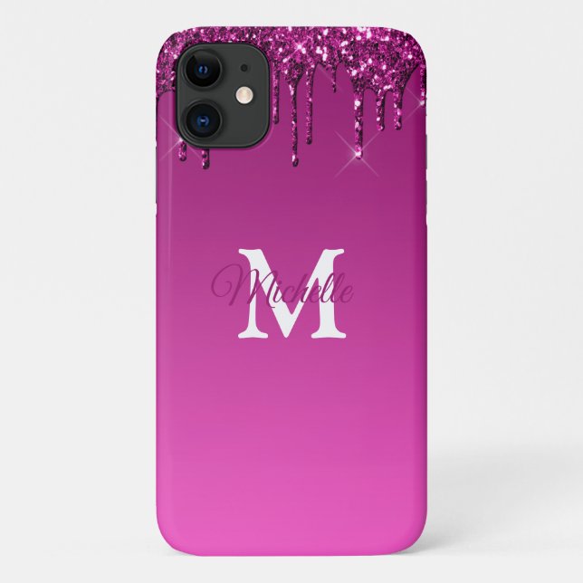 Glam & Fuchsia Ombre Glitter Personalised Monogram Case-Mate iPhone Case (Back)