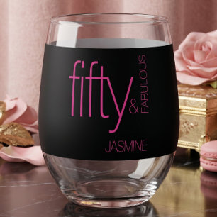 Glam Fuchsia Pink Name Fifty & Fabulous Birthday Stemless Wine Glass