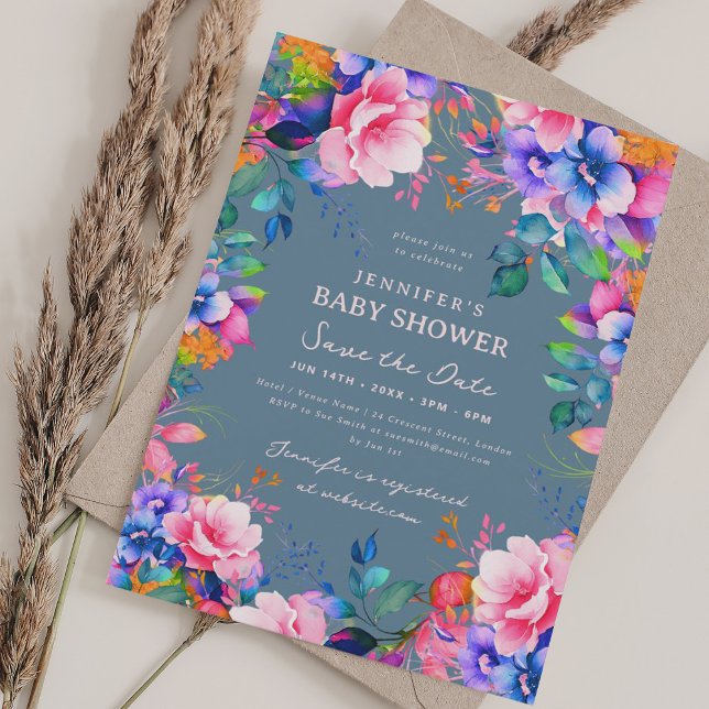 Glam Garden Floral Baby Shower Save Date Dusty Blu Invitation (Glam Garden Floral Baby Shower Save Date Dusty Blu Invitation)
