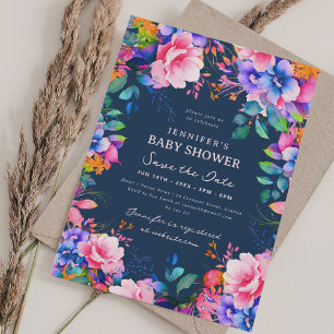 Glam Garden Floral Baby Shower Save Date Navy Invitation