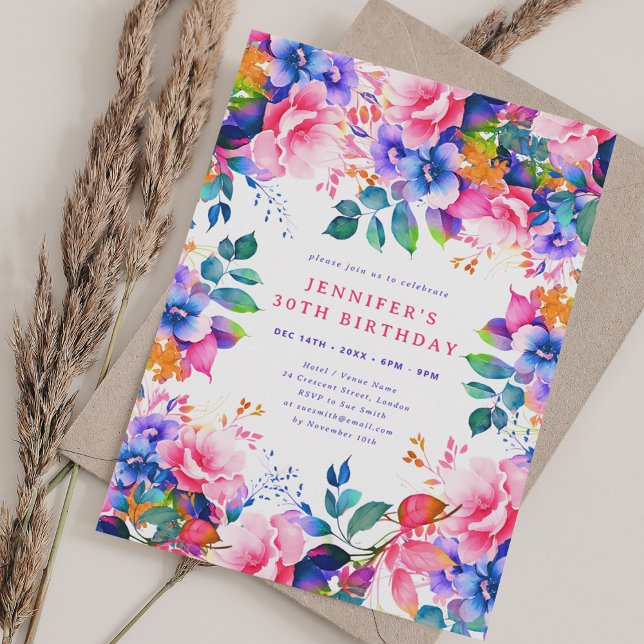Glam Garden Watercolor Floral 30th Birthday  Invitation (Glam Garden Watercolor Floral 30th Birthday Invitation)