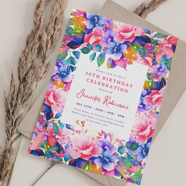 Glam Garden Watercolor Floral 30th Birthday Party  Invitation (Glam Garden Watercolor Floral 30th Birthday Party Invitation)
