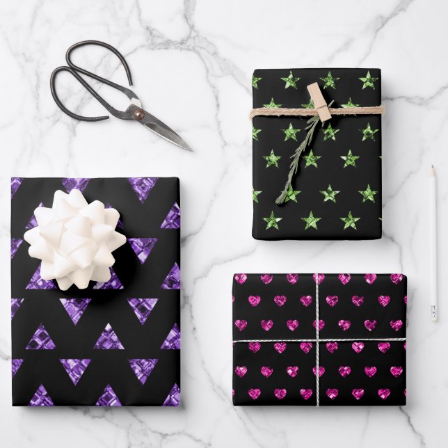 Glam Gems Pink Hearts Green Stars Purple Triangles Wrapping Paper Sheet (Front)