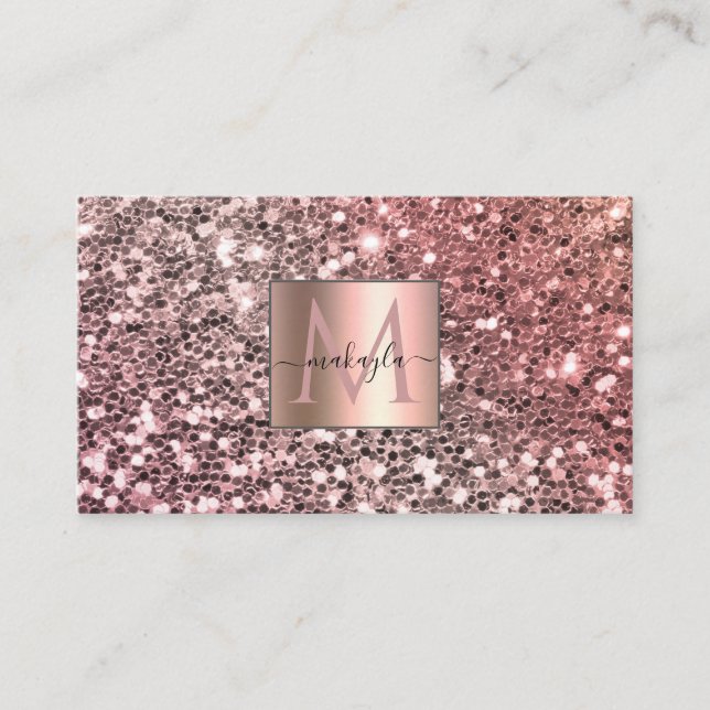 Glam Girly Blush Pink Gitter Design Name Monogram Business Card (Front)