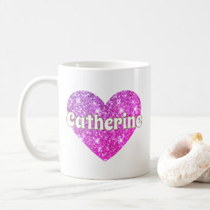 Glam Girly Hot Pink Glitter Heart Name Coffee Mug