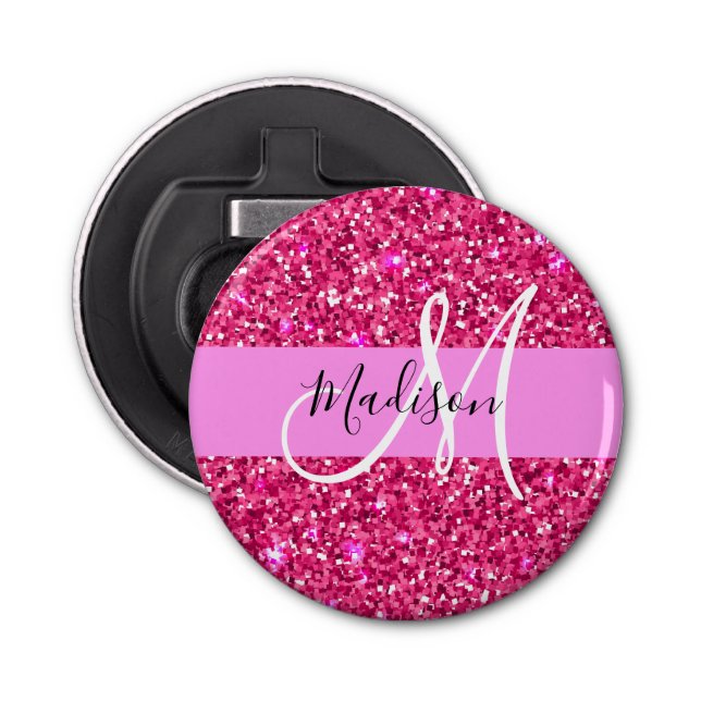 Glam Girly Hot Pink Glitter Sparkles Name Monogram Bottle Opener (Front)