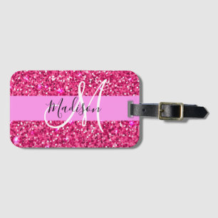 Glam Girly Hot Pink Glitter Sparkles Name Monogram Luggage Tag