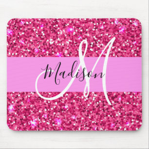 Glam Girly Hot Pink Glitter Sparkles Name Monogram Mouse Pad