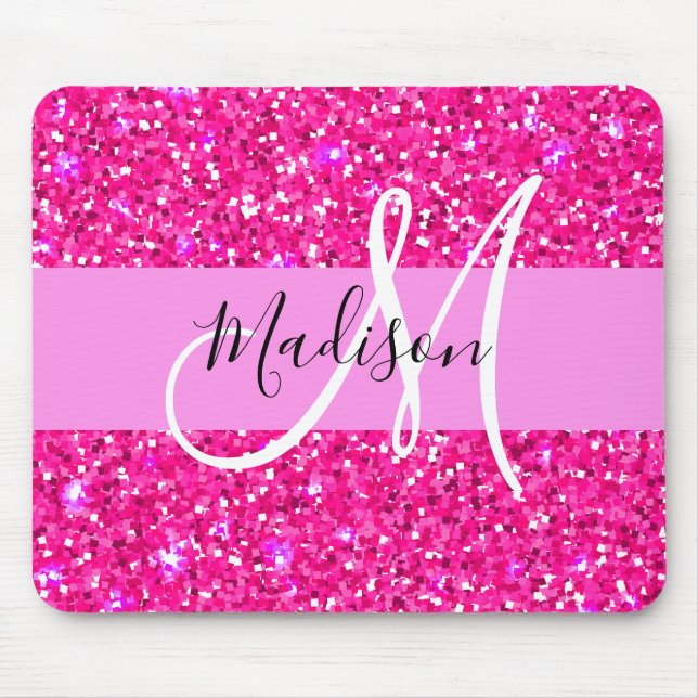 Glam Girly Hot Pink Glitter Sparkles Name Monogram Mouse Pad (Front)