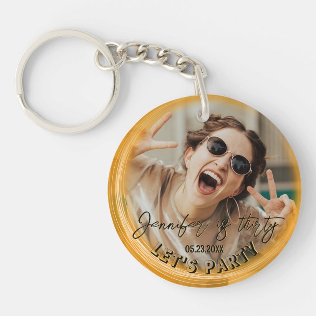 Glam Girly Photo Script 20 30 40 th Birthday Party Key Ring (Front)