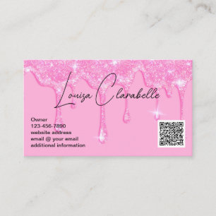 Glam Girly Pink Glitter Drips Add QR Code Business Card