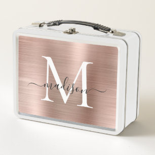 Glam Girly Rose Gold Brushed Metal Monogram Script Lunch Box