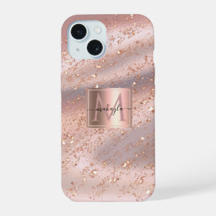 Glam Girly Rose Gold Flakes Gitter Monogram iPhone 15 Case