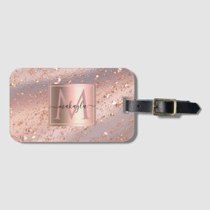 Glam Girly Rose Gold Flakes Gitter Monogram Luggage Tag