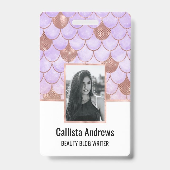 Glam Girly Rose Gold Glitter Mermaid Scales ID Badge (Front)
