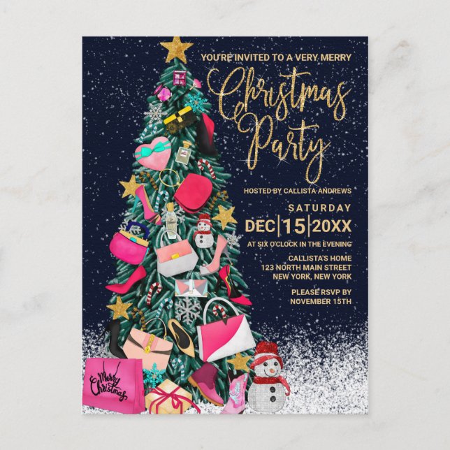 Glam Girly Shoes Purse Makeup Christmas Tree Holiday Postcard (Front)