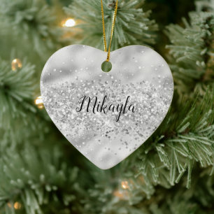 Glam Girly Silver Glitter Glitzy Sparkle Confetti Ceramic Tree Decoration