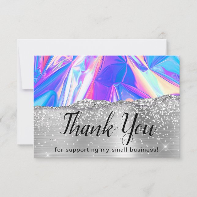 Glam Girly Silver Glitter Holographic Business Thank You Card (Front)