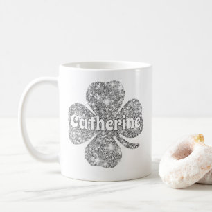 Glam Girly Silver Glitter Lucky Clover Name Coffee Mug