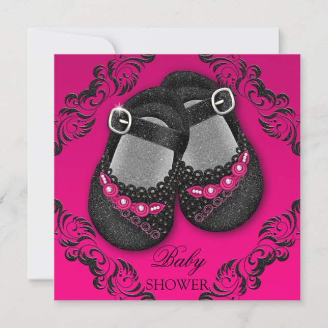 Glam Glitter Baby Shoes Hot Pink Black Baby Shower Invitation (Front)