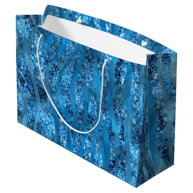 Glam Glitter Blue Zebra Stripes Large Gift Bag (Back Angled)