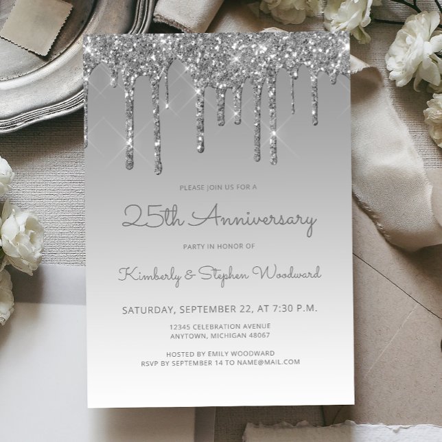 Glam Glitter Drip Silver 25th Anniversary Party Invitation (Creator Uploaded)