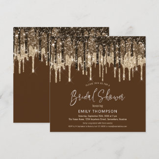 Glam Glitter Drips Gold Brown Script Bridal Shower Invitation