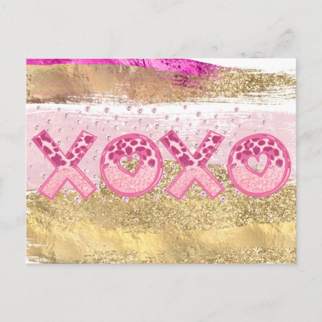 Glam Glitter Gold Pink Luxe XOXO Valentines Day  Holiday Postcard (Front)