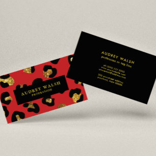 Glam Glitter Gold Red Leopard print Luxury Business Card