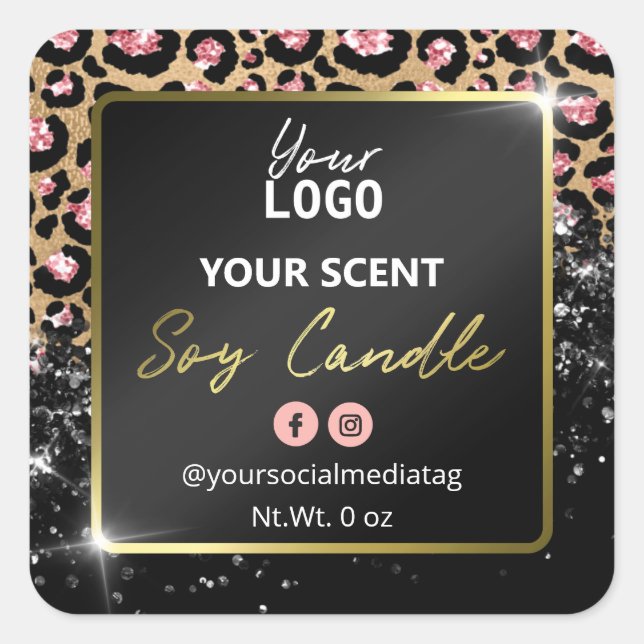 Glam Glitter Leopard Skin Black Soy Candle Labels (Front)