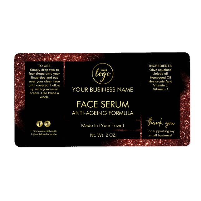 Glam Glitter Red Black Gold Face Hair Serum Label (Front)