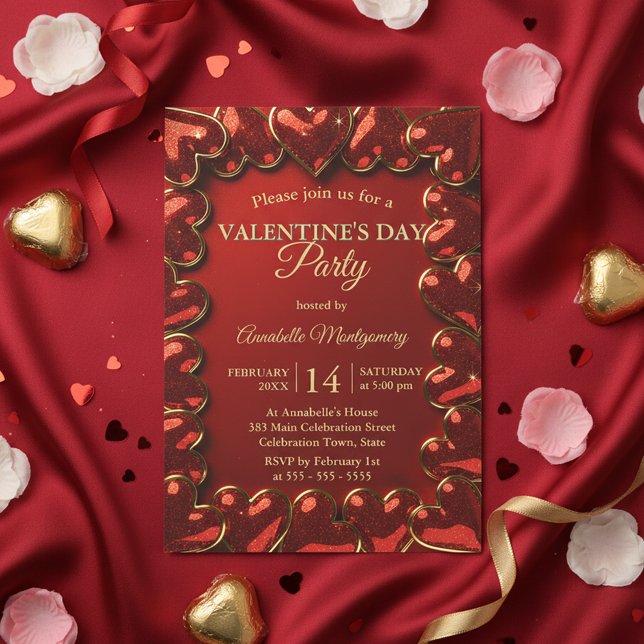 Glam Glitter Red Gold Hearts Valentine's Day Party Invitation (Creator Uploaded)