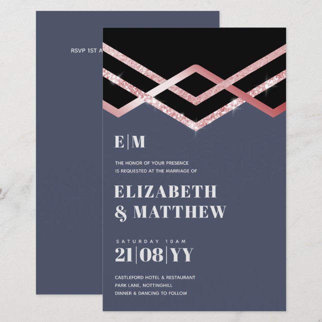 Glam Glitter Rosegold Black Deco Wedding Invite (Front/Back)
