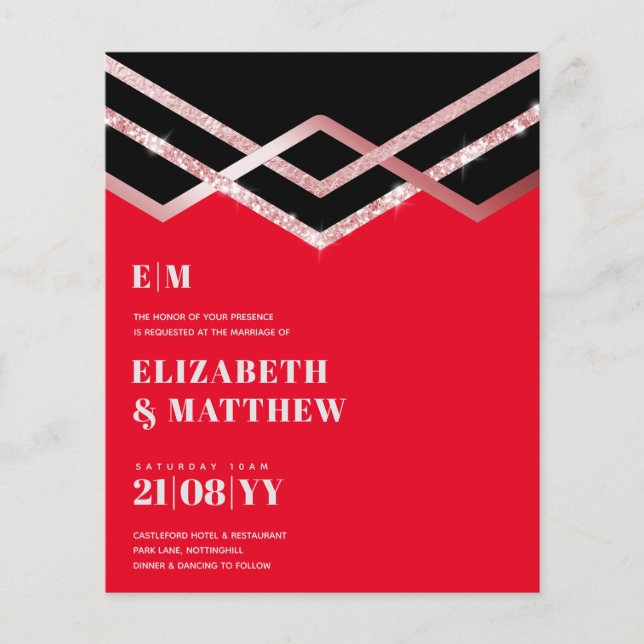 Glam Glitter Rosegold Black Deco Wedding Invite Flyer (Front)