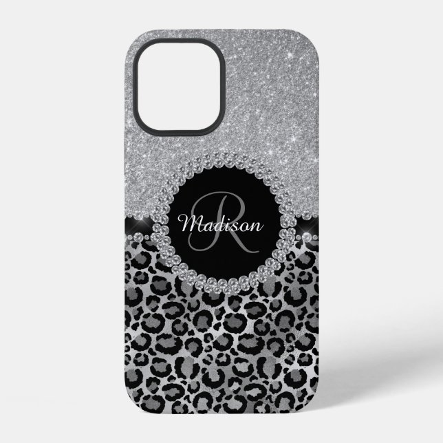 Glam Glitter Silver Diamond Monogram Leopard iPhone Case (Back)