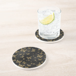 Glam gold and black butterflies pattern coaster
