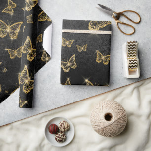 Glam gold and black butterflies pattern wrapping paper