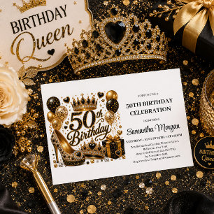 Glam Gold And Black Glitter 50th Birthday Celebrat Invitation